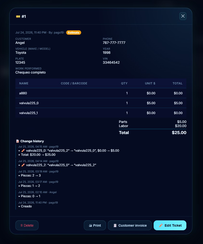 Cayia Service Tickets overview with filters and reports