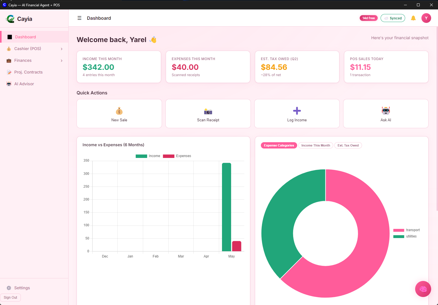 Cayia dashboard in pink skin