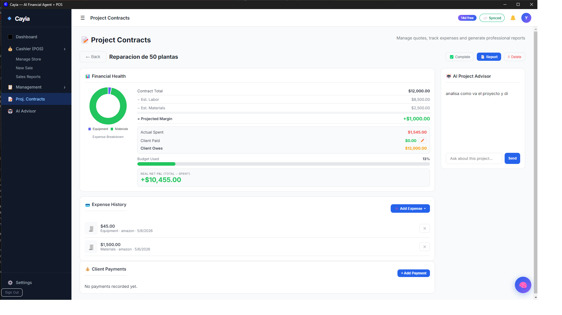 Project Contract seleccionado con salud financiera, gastos y AI Project Advisor