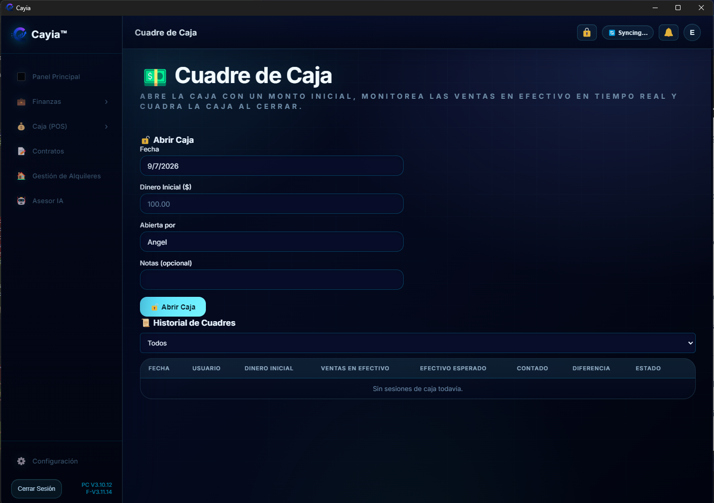 Cayia Cash Register open session screen