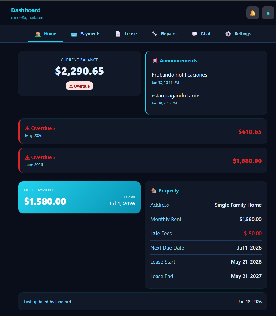Cayia Tenants portal dashboard with balance, announcements, overdue rent, next payment and property details