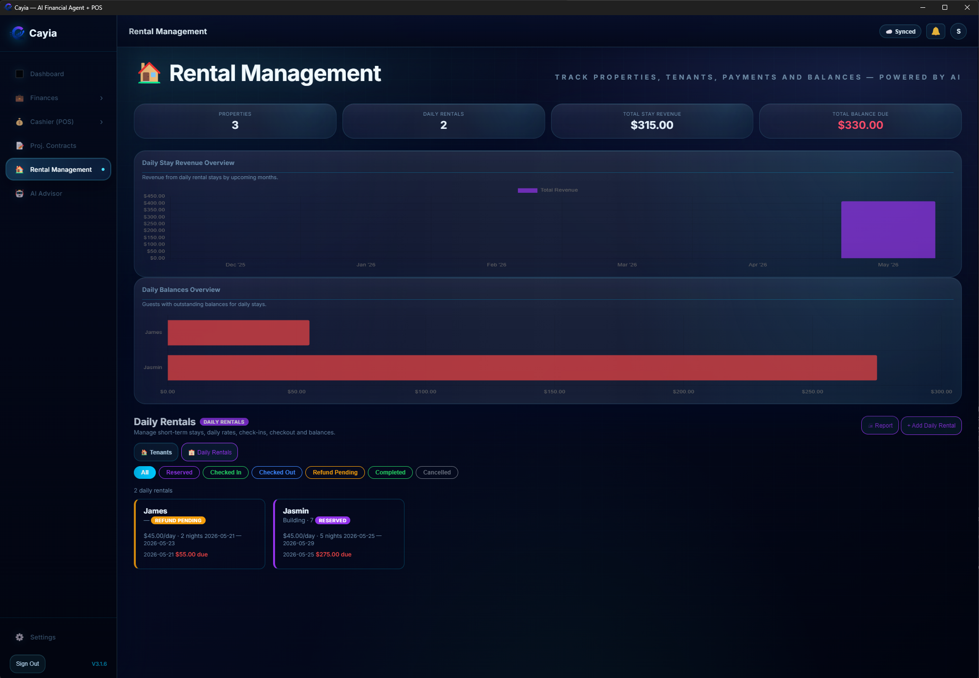 Monthly rent and payment tracking panel