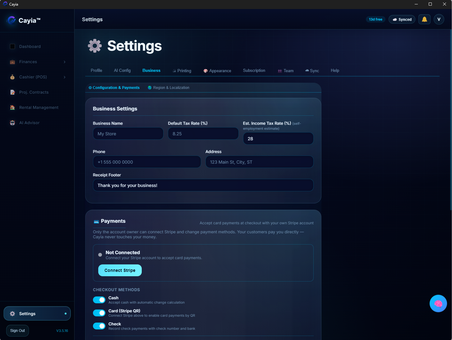 Cayia business settings screen